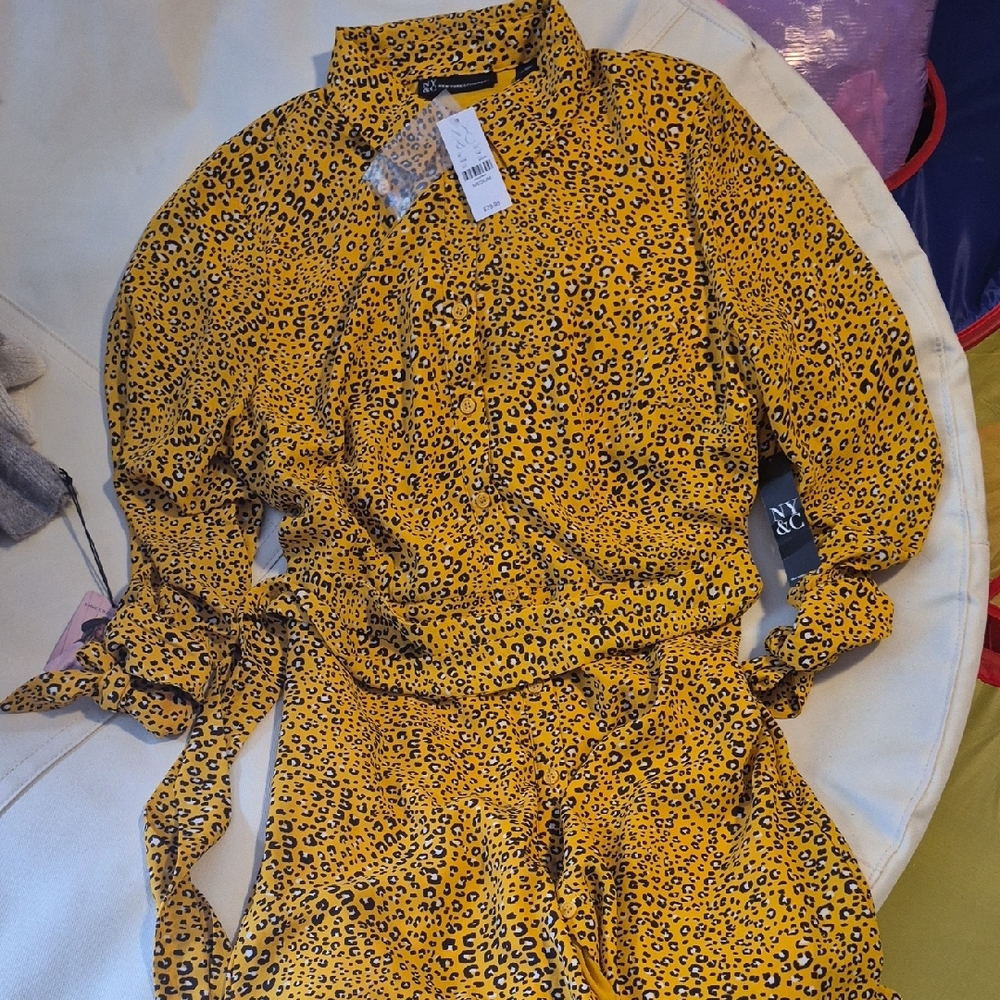 New York & Company Yellow Leopard Print Long Sleeve Dress